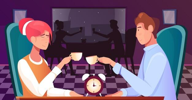 Speed dating flat composition with indoor club scenery and doodle characters of couple with alarm clock illustration Free Vector