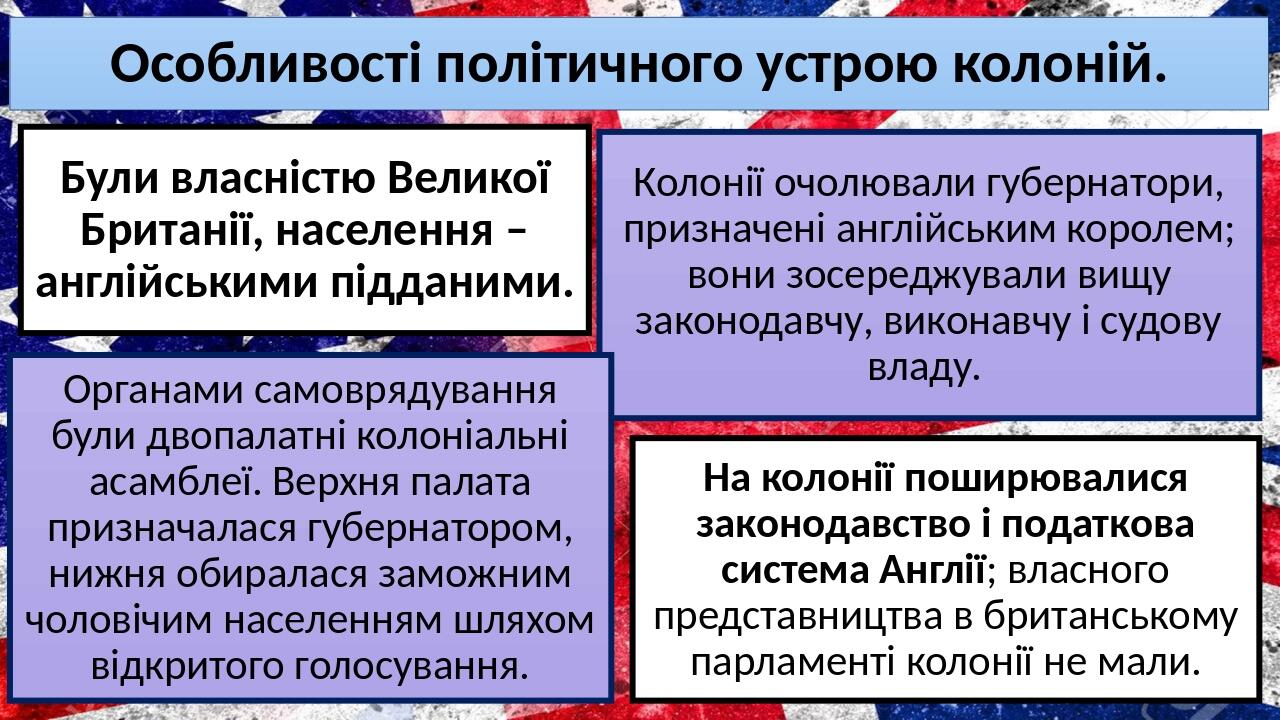 Особливості політичного устрою колоній. Були власністю Великої Британії, населення – англійськими підданими. Колонії очолювали губернатори, признач...