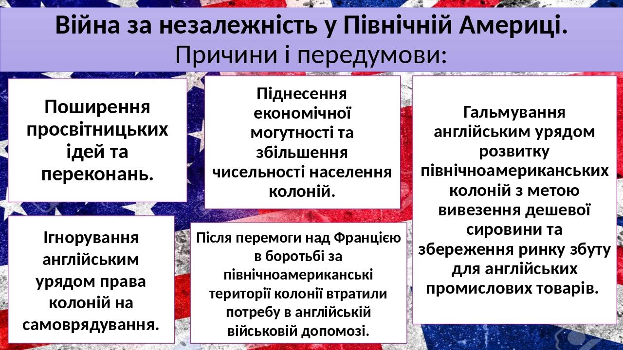 Війна за незалежність у Північній Америці. Причини і передумови: Ігнорування англійським урядом права колоній на самоврядування. Після перемоги над...
