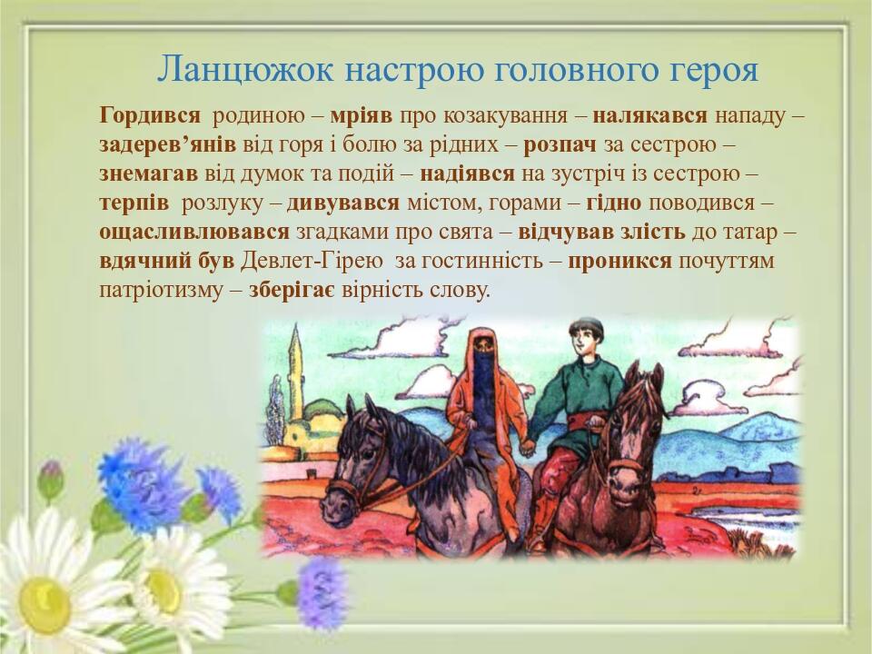 Ланцюжок настрою головного героя Гордився родиною – мріяв про козакування – налякався нападу – задерев’янів від горя і болю за рідних – розпач за с...