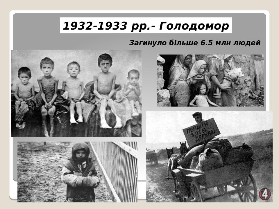1932-1933 рр.- Голодомор Загинуло більше 6.5 млн людей