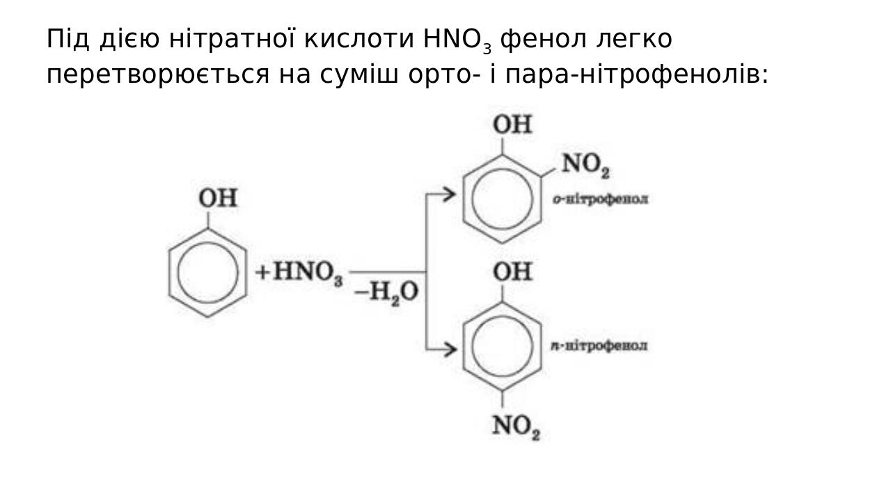 Під дією нітратної кислоти HNO3 фенол легко перетворюється на суміш орто- і пара-нітрофенолів: