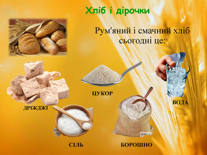 Рум'яний і смачний хліб сьогодні це: ДРІЖДЖІ ЦУКОР ВОДА СІЛЬ БОРОШНО Хліб і дірочки