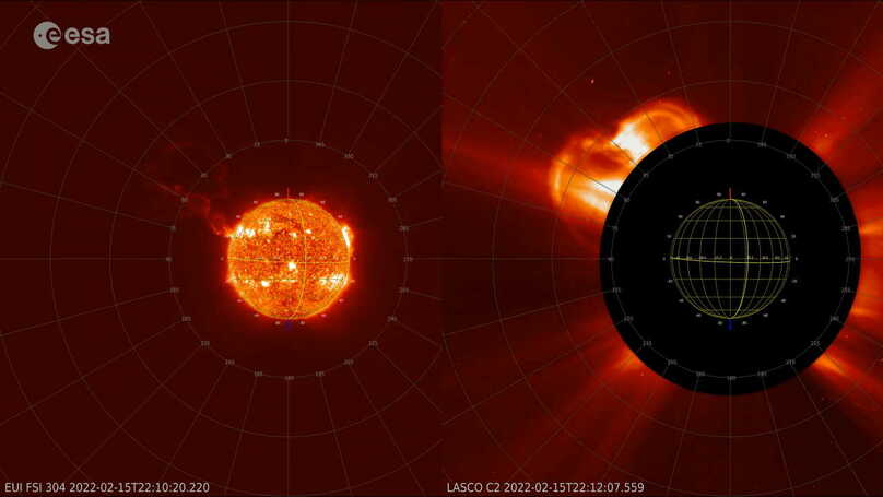Композиція зображень з Solar Orbiter (ліворуч) і SOHO, на якому сонячного диска не видно. Solar Orbiter / EUI and SOHO/LASCO teams, ESA &amp;amp; NASA