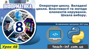 Оператори циклу. Вкладені цикли. Властивості та методи елементів керування. Шкала вибору. 