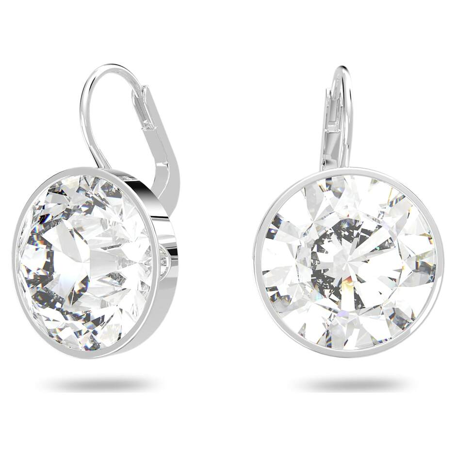 Bella drop earrings, Round cut, Small, White, Rhodium plated | Swarovski.com