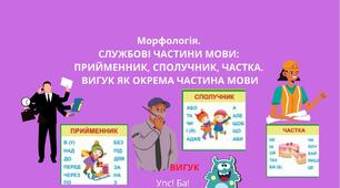 (Копія) Морфологія. СЛУЖБОВІ ЧАСТИНИ МОВИ: ПРИЙМЕННИК, СПОЛУЧНИК, ЧАСТКА. ВИГУК ЯК ОКРЕМА ЧАСТИНА МОВИ