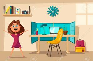 Schoolgirl Learns Lessons At Home. Cartoon Vector Illustration. Comfortable Place. Creative Interior. Room Of Child Royalty Free SVG, Cliparts, Vectors, And Stock Illustration. Image 83792308.