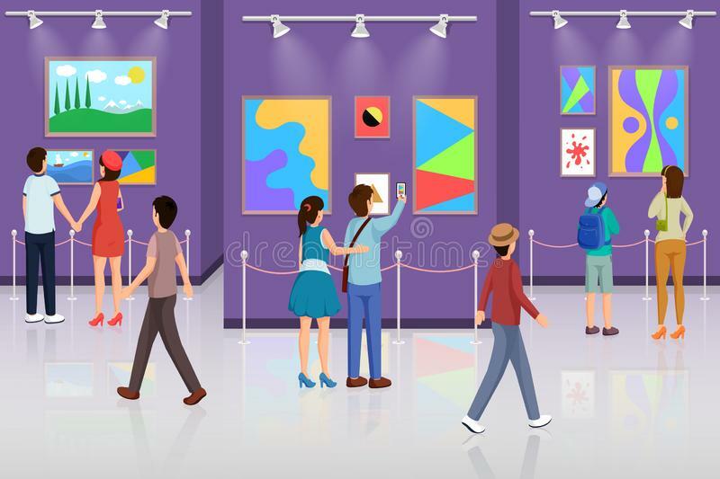 Visitors in Art Gallery Vector Illustration. People Enjoying Modern Paintings, Taking Photos Cartoon Characters Stock Vector - Illustration of masterpiece, indoor: 158883395