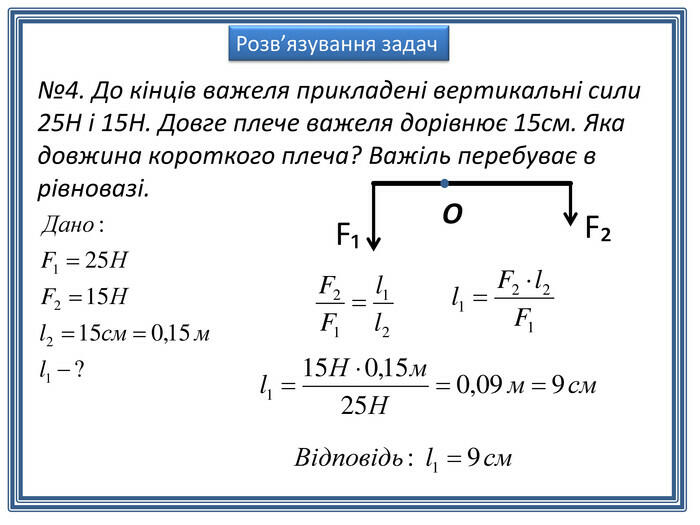 Умова ÑÑвноваги важелÑ. Розв'ÑзÑÐ²Ð°Ð½Ð½Ñ Ð·Ð°Ð´Ð°Ñ. ÐÑезенÑаÑÑÑ