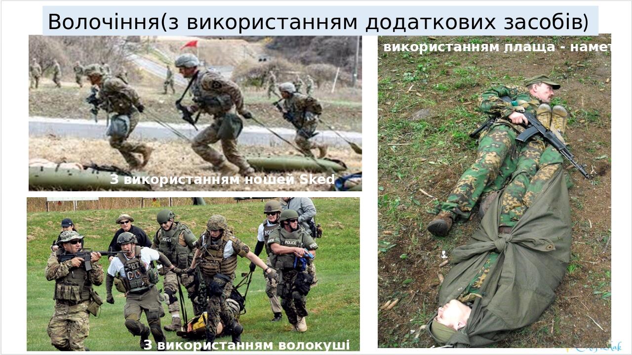 Волочіння(з використанням додаткових засобів) З використанням ношей Sked З використанням волокуші З використанням плаща - намета