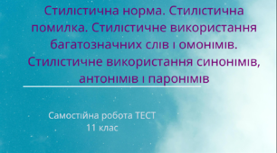 Стилістична норма. Стилістична помилка. Стилістичне використання багатозначних слів і омонімів. Стилістичне використання синонімів, антонімів і паронімів(11 клас). ТЕСТ