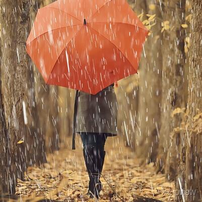 October walk in the rain, a young woman with a red umbrella in posters for the wall • posters waterproof, orange, day | myloview.com