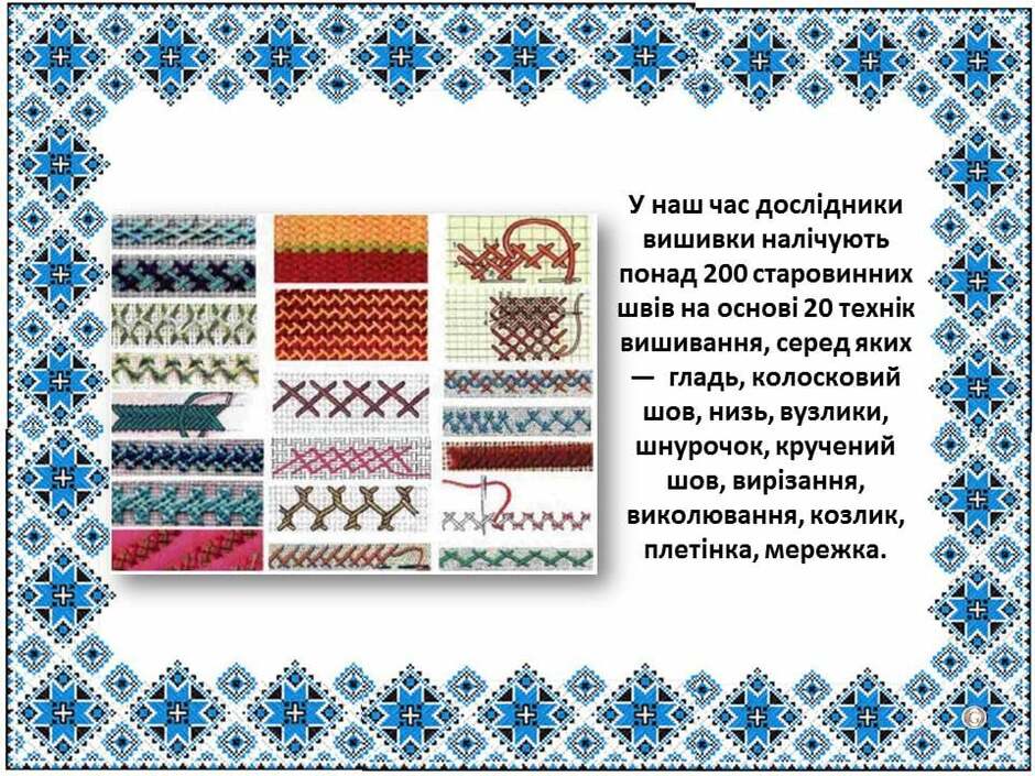 На зображенні може бути: текст «×XX y наш час дослдники вишивки налчують понад 200 старовинних швi̇в на OCHOBİ 20 технi̇к вишивання, серед яких гладь, колосковий шов, низь, вузлики, шнурочок, кручений шов, вирзання, виколювання козлик, плетнка, мережка. XYYX»