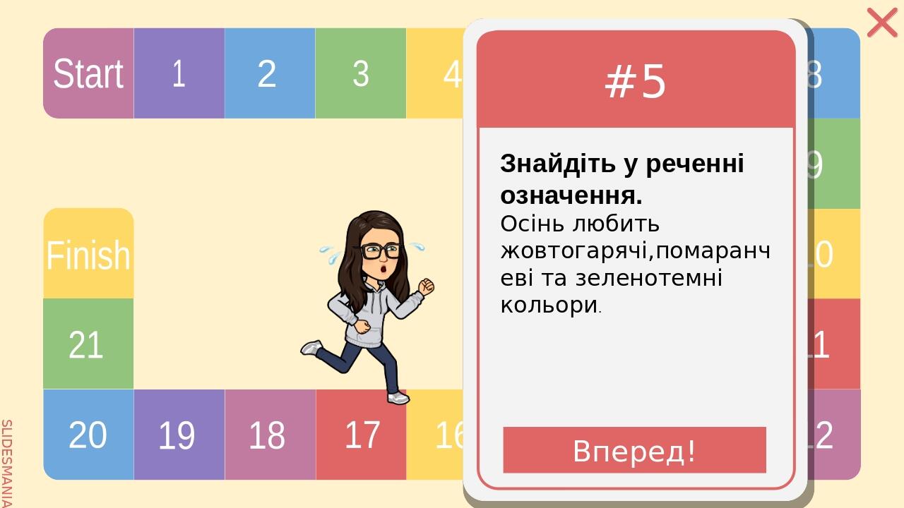 Завдання 6 Складіть речення за схемою Вперед! SLIDESMANIA.COM Start 1 2 3 4 5 6 7 8 9 10 11 12 13 14 15 16 17 18 19 20 21 Finish SLIDESMANIA.COM