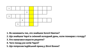 Кросворд (легкий рівень) з відповідями до уроку зарубіжної літератури 5 кл. Роальд Дал "Чарлі та шоколадна фабрика"