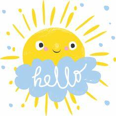 cute sun and cloud says hello. vector illustration. Card for kids. #cute #sun #sunny #vector #eps #cloud #baby #kid #child #hello #print #illustration #art #doodle