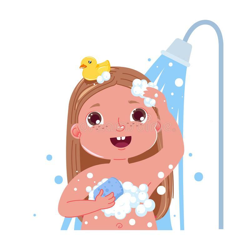 Little Child Girl Character Take a Shower. daily Routine. Bathroom Interior Background Stock Vector - Illustration of bath, female: 129680890