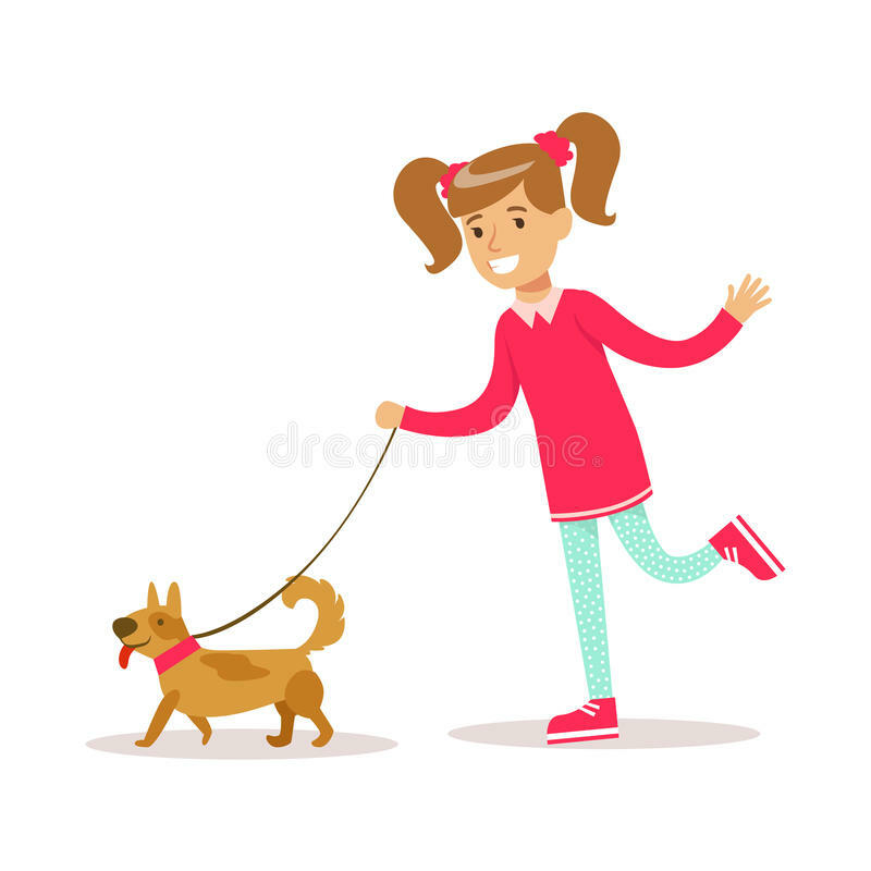 Happy Girl in Classic Girly Color Clothes Smiling Cartoon Character Walking a Dog Stock Vector - Illustration of smiling, sweater: 84599422