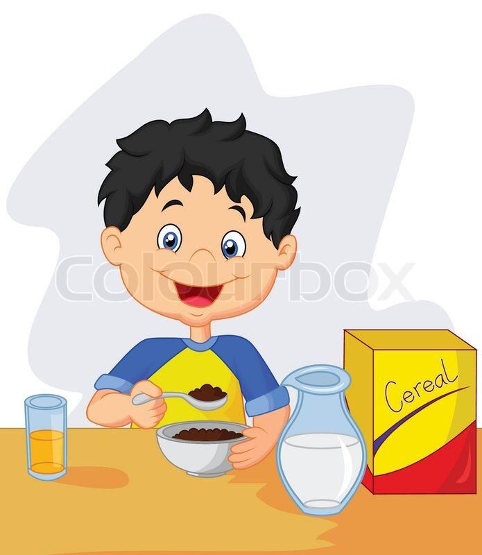 Little girl cartoon having breakfast cereals with milk | Stock vector | Colourbox