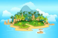 Premium Vector | Cartoon tropical island with palm trees. mountains, blue ocean, flowers and vines. illustration