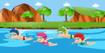 Scene with Four Kids Swimming in River Stock Vector - Illustration of outdoor, graphic: 78348844