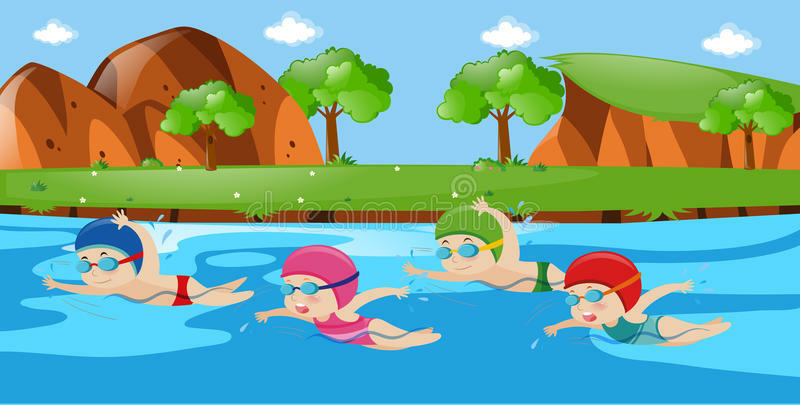Scene with Four Kids Swimming in River Stock Vector - Illustration of outdoor, graphic: 78348844