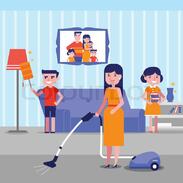 Young happy caucasian white family cleaning house. | Stock vector | Colourbox