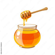 A glass pot full of honey and honey dipper. Vector illustration cartoon flat icon isolated on white. Stock Vector | Adobe Stock