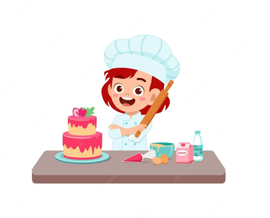 Premium Vector | Happy cute little kid girl wear chef uniform and cooking a birthday cake