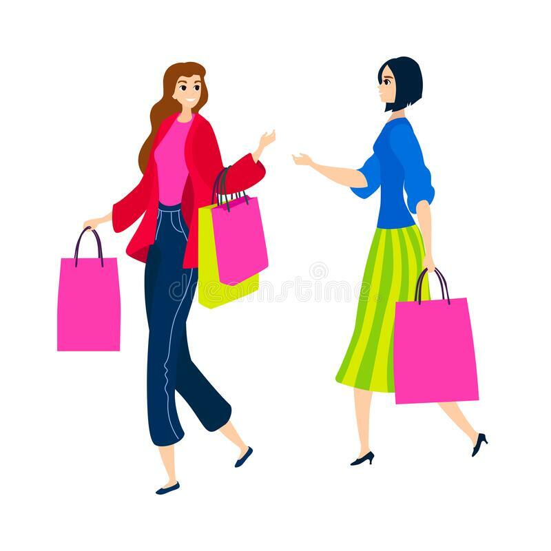Vector Illustration Isolated on White Cartoon Flat Girls Go Shopping Friends or Lesbians with Bags Stock Vector - Illustration of design, girl: 173892847