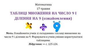 Конспект уроку математики  - ТАБЛИЦІ МНОЖЕННЯ НА ЧИСЛО 9 І ДІЛЕННЯ НА 9  - 2 клас - НУШ - С.Логачевська