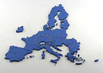 3D-карта Європейського Союзу після Brexit (без Великобританії) з текстурою блакитного прапора ЄС і золотими зірками стокове фото