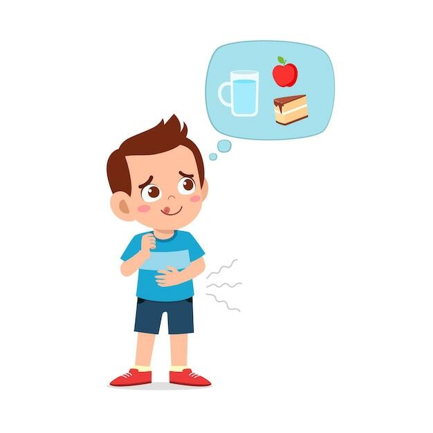 Premium Vector | Happy cute kid boy feels hungry want to eat and thinks about food