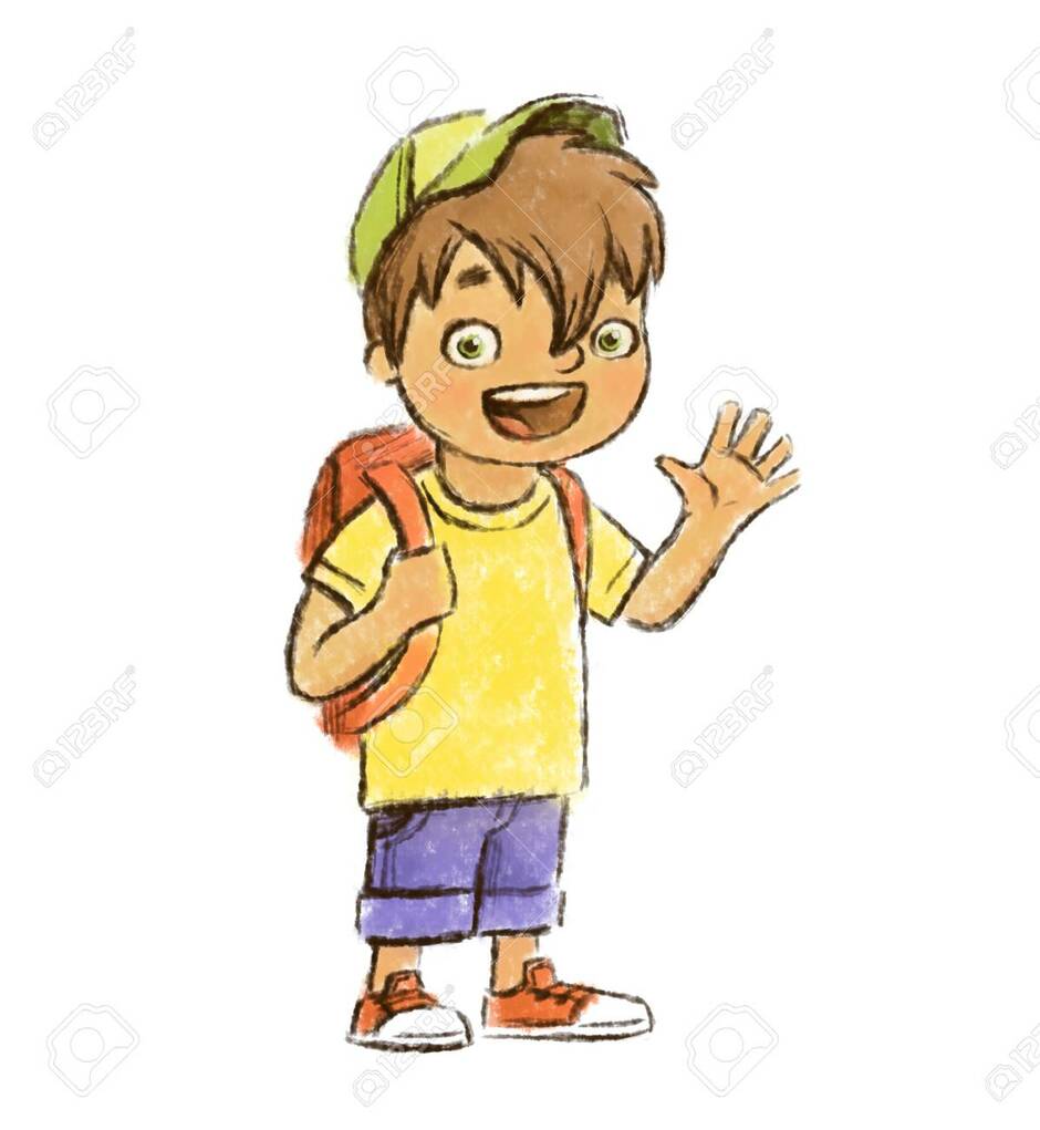 Hand Drawn Joyful Good Cartoon Young Boy Waving Hand Isolated On The White Background. Happy Smiling Child, Best Friend, Younger Brother, Watercolor Cartoon Character. Stock Photo, Picture And Royalty Free Image. Image