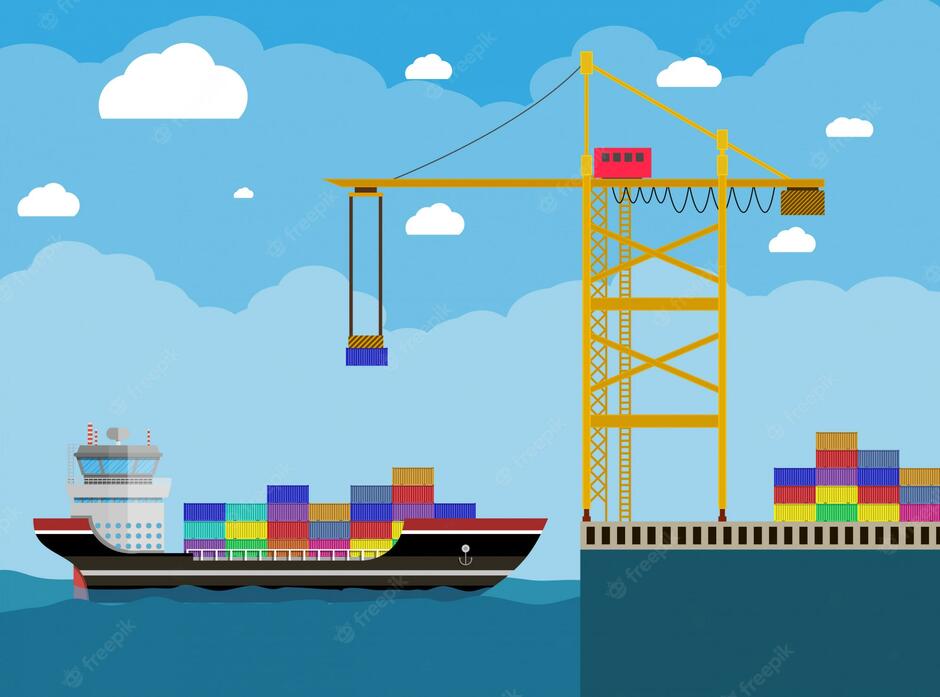 Premium Vector | Cargo ship and container crane