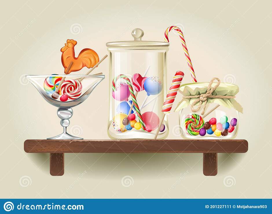 Sweets in Glass Jars on Wooden Shelf Stock Vector - Illustration of circle, glass: 201227111