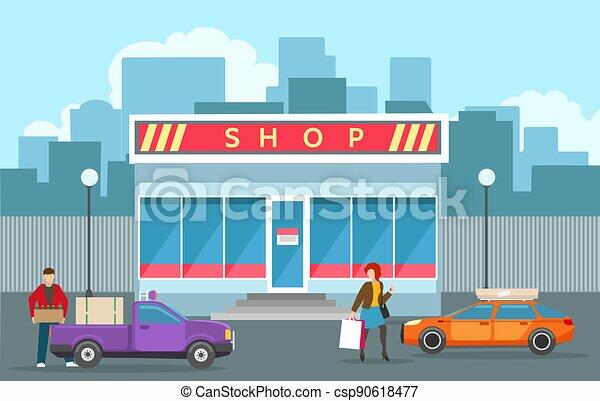 Street store building view illustration. Street store building view. holiday shopping people in front of mall retail business | CanStock