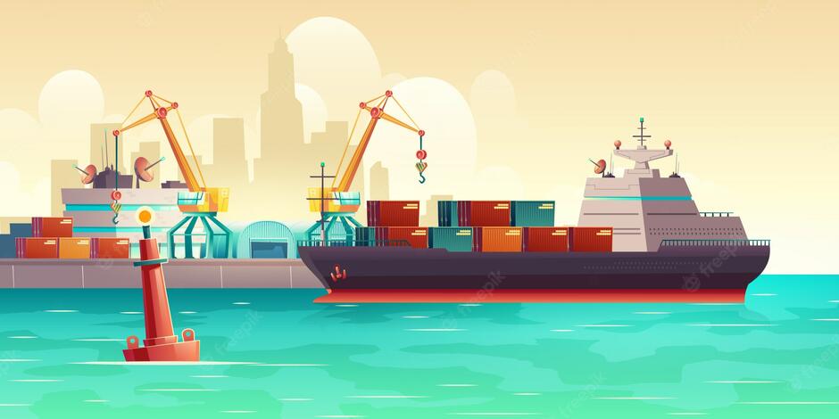 Free Vector | Cargo ship loading in port cartoon illustration