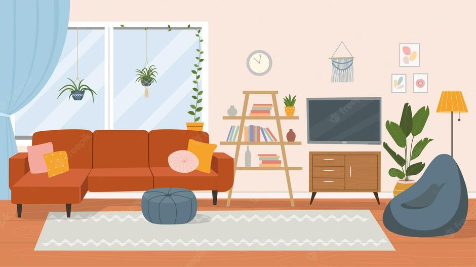 Premium Vector | Living room interior. comfortable sofa, tv, window, chair and house plants. flat cartoon illustration