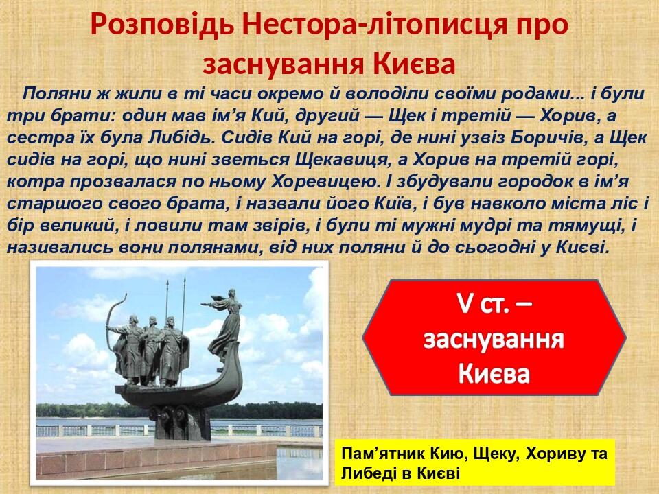 Розповідь Нестора-літописця про заснування Києва Поляни ж жили в ті часи окремо й володіли своїми родами... і були три брати: один мав ім’я Кий, др...