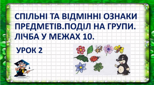 Презентація "Спільні та відмінні ознаки предметів. Поділ на групи. Лічба в межах 10". 1клас.
