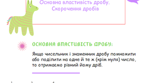 Інфографіка за темами "Основна властивість дробу", "Скорочення дробів", "Зведення дробів до спільного знаменника", "Додавання та віднімання дробів з різними знаменниками", зразок контрольної роботи за темою"
