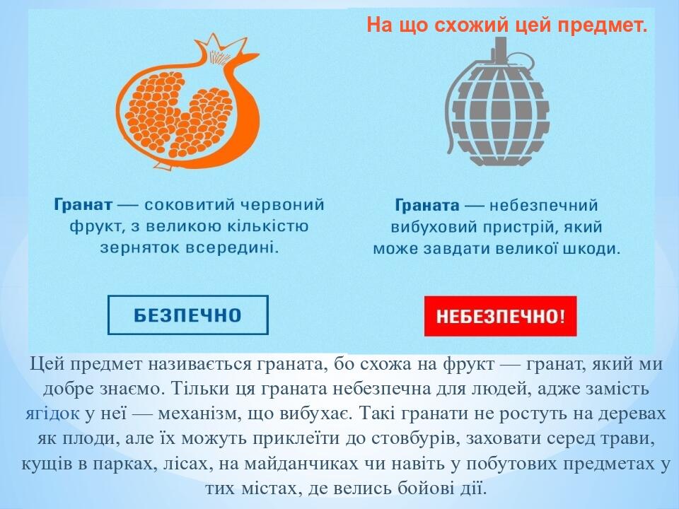 Цей предмет називається граната, бо схожа на фрукт — гранат, який ми добре знаємо. Тільки ця граната небезпечна для людей, адже замість ягідок у не...
