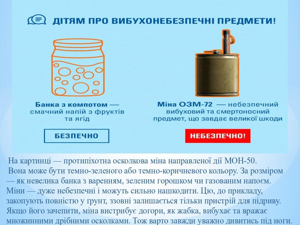 На картинці — протипіхотна осколкова міна направленої дії МОН-50. Вона може бути темно-зеленого або темно-коричневого кольору. За розміром — як нев...