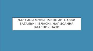 Презентація на тему: "Частини мови. Іменник. Назви загальні і власні. Написання власних назв"