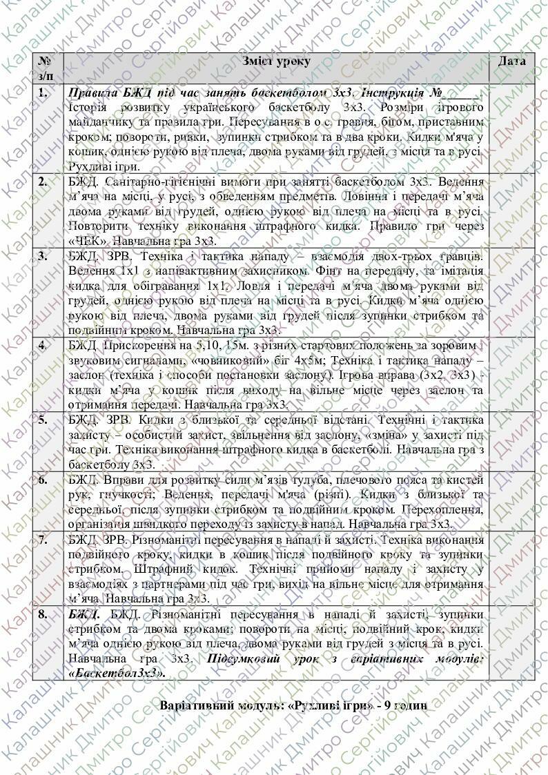 5 КЛАС НУШ КАЛЕНДАРНО-ТЕМАТИЧНИЙ ПЛАН | . Фізична культура