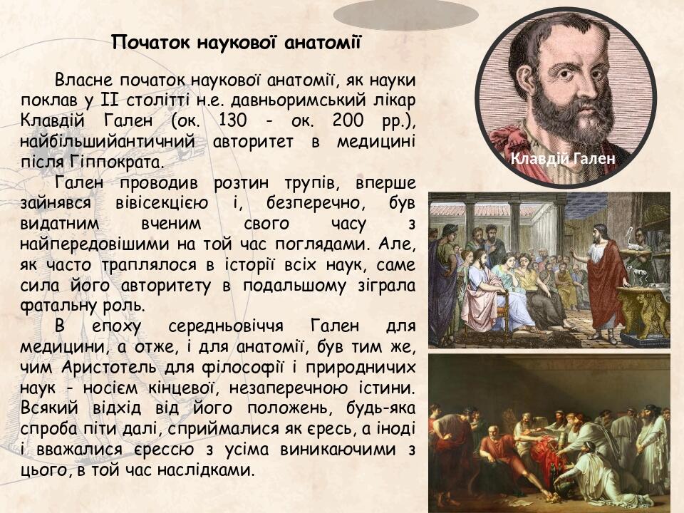 Початок наукової анатомії Власне початок наукової анатомії, як науки поклав у II столітті н.е. давньоримський лікар Клавдій Гален (ок. 130 - ок. 20...