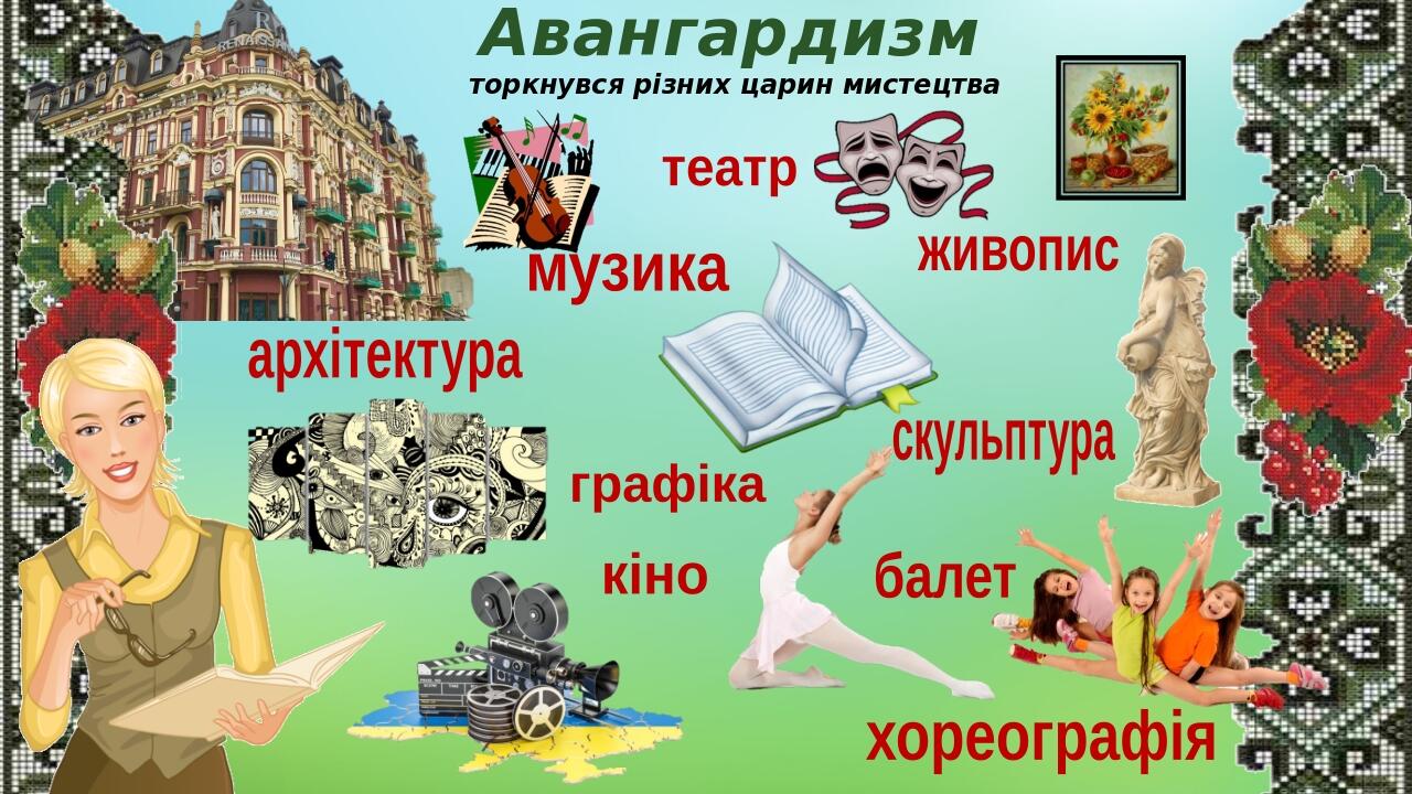 театр живопис кіно балет хореографія скульптура музика графіка архітектура торкнувся різних царин мистецтва Авангардизм