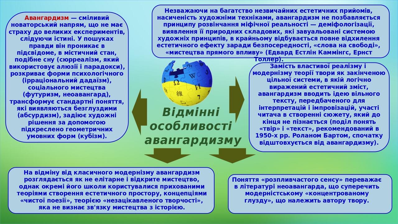 Відмінні особливості авангардизму Авангардизм — сміливий новаторський напрям, що не має страху до великих експериментів, слідуючи істині. У пошуках...